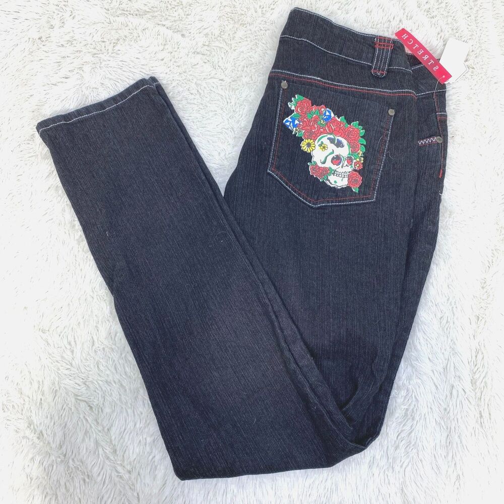 NWT MKM Designs Dark Blue Y2K Style Skull Floral Skinny Mid Rise Jeans Size 13